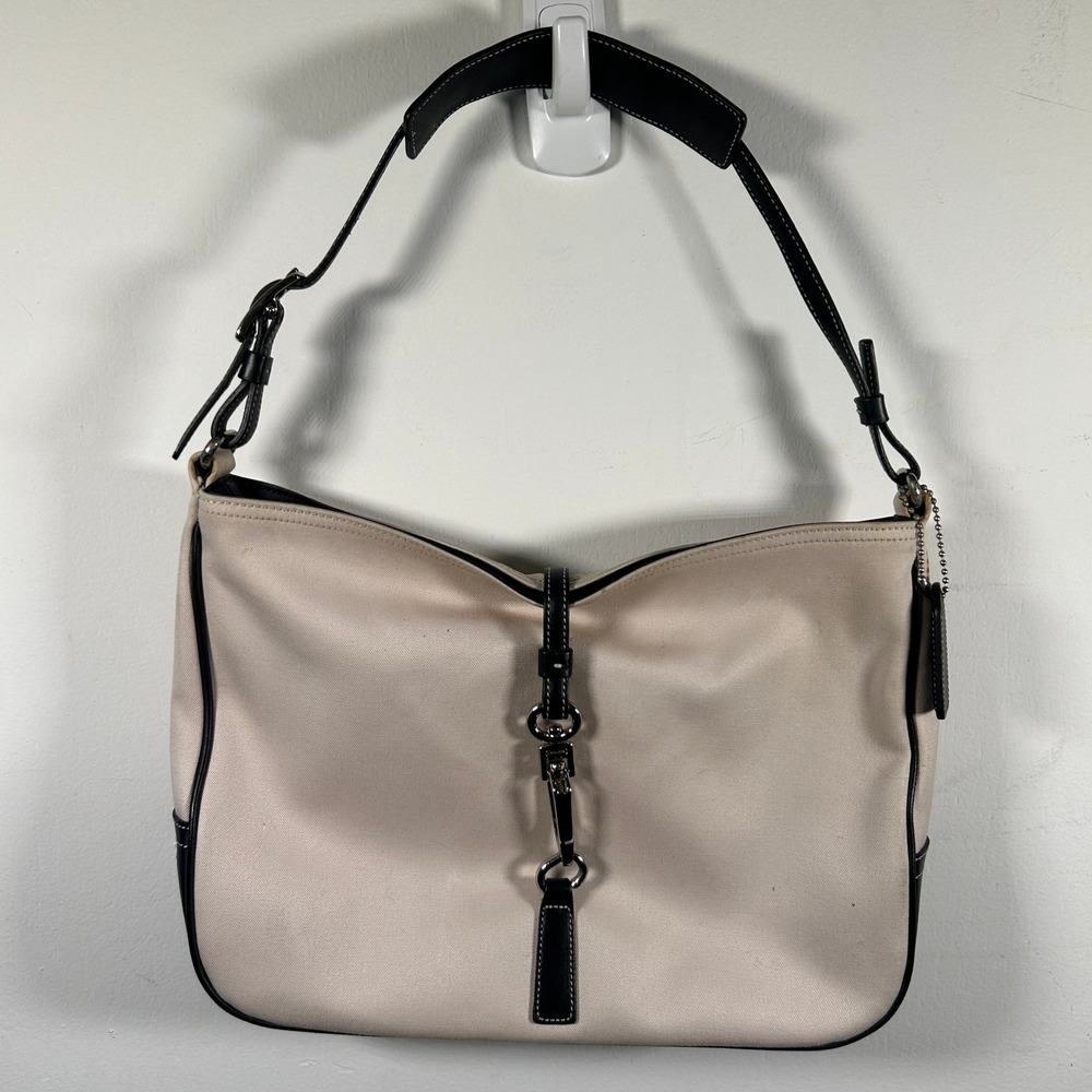 Coach Canvas Leather Trim Hobo Shoulder Bag Cream Black Silver Clasp